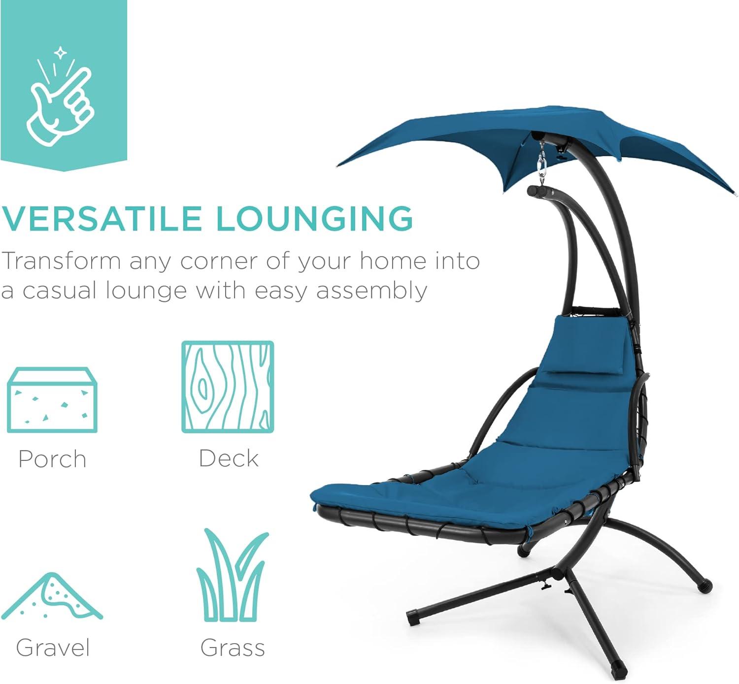 Best Choice Products Hanging Curved Chaise Lounge Chair Swing for Backyard, Patio w/ Pillow, Shade, Stand - Peacock Blue