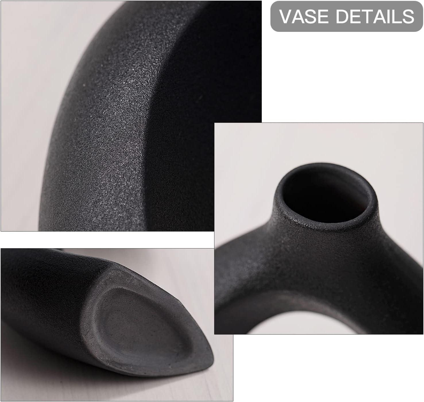 Black Hollow Ceramic Vase Set of 2, Snuggle Round Boho Donut Modern Vase Nordic Minimalist Decorative Vase for Modern Trendy Home Table Centerpiece Decor (W 6.3" X H 8")