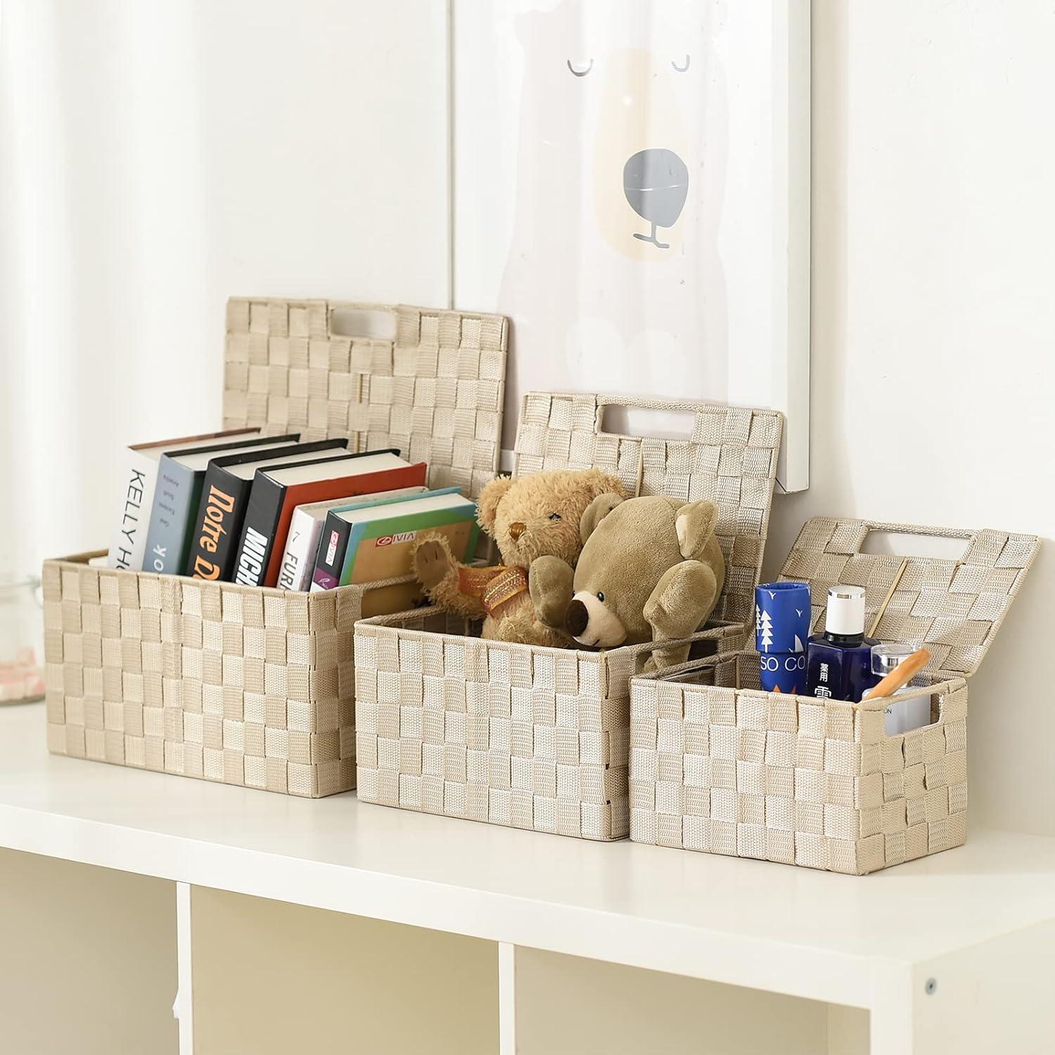 Beige Woven Square Storage Basket Set with Lids