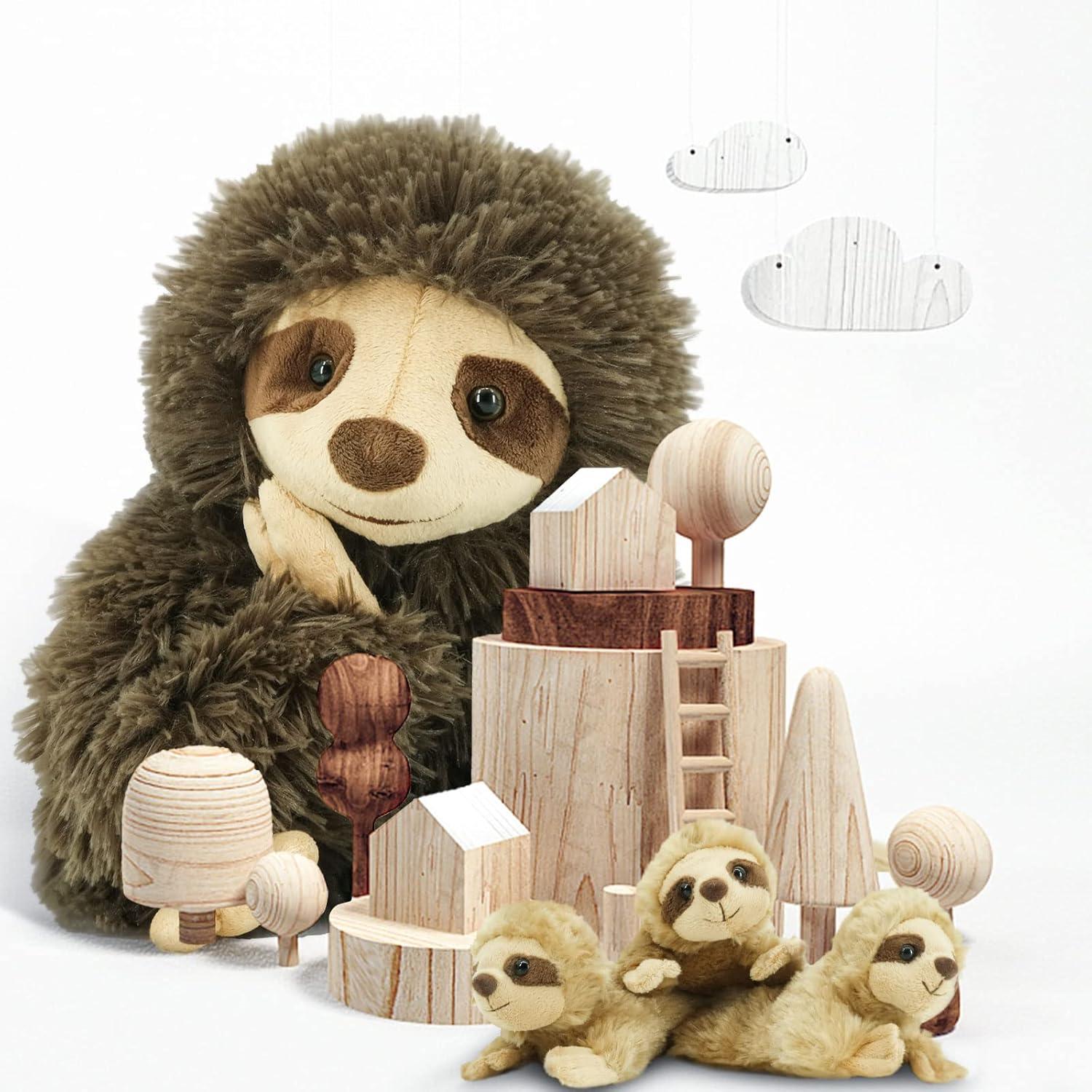 Brown Plush Sloth with 3 Baby Sloths, 11" Washable Toy