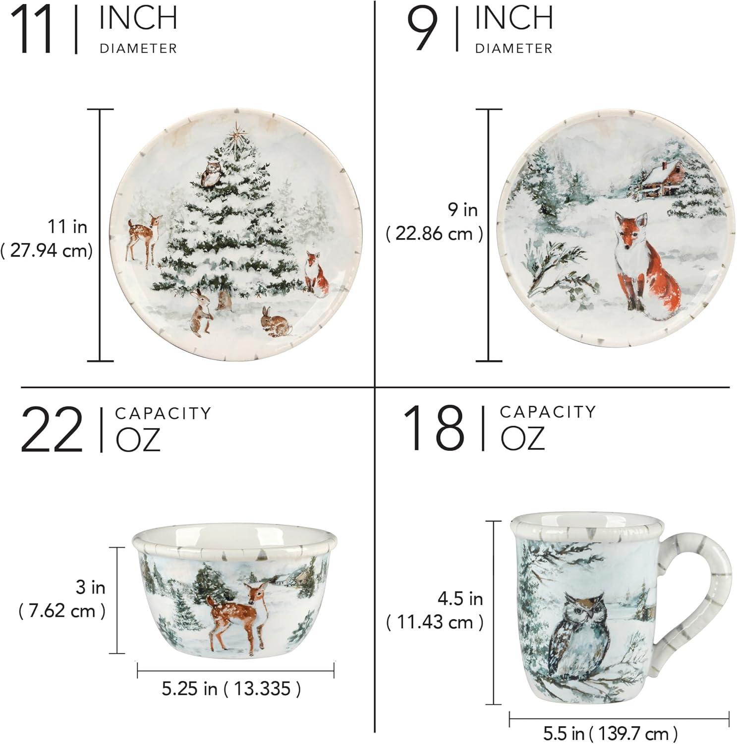 Winter's Frost 16pc Ceramic Dinnerware Set 4 Dinner 4 Dessert Plates 4 Mugs 4 Ice Cream Bowls