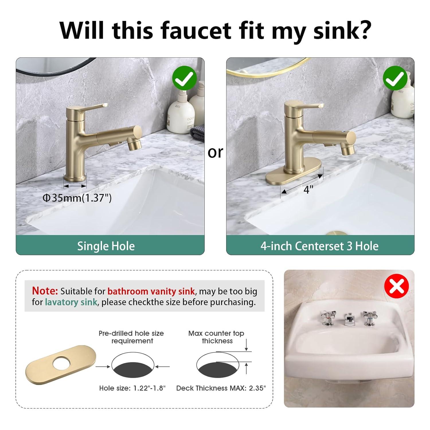 Single Handle 1 or 3-Hole Bathroom Faucet with Deckplate Included and Pull Out Sprayer in Brushed Gold