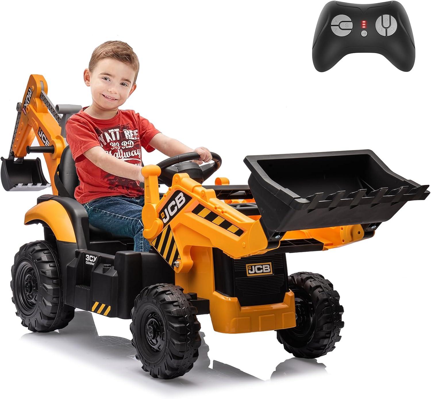 EastVita 12V Ride on Toys Tractor, Kids Ride on Car Toy Excavator Bulldozer, 12V Digger w/Trailer, Shovel Bucket, Digger, Remote Control, EVA Tires, LED Lights, Music, USB