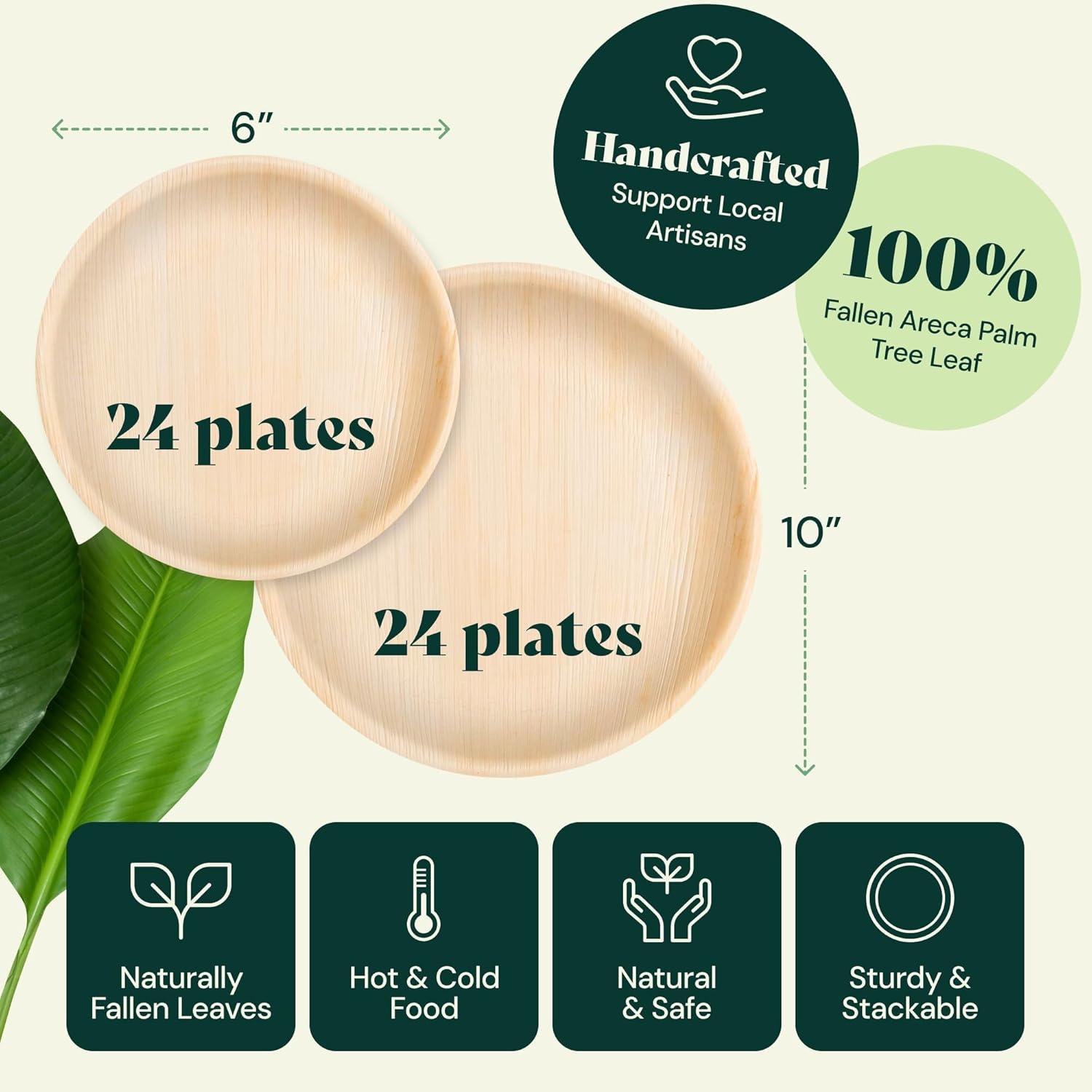 Chic Leaf, Compostable & Disposable Plates, Round, Natural Color, Palm Leaf, 48 Pc, 10” & 6”