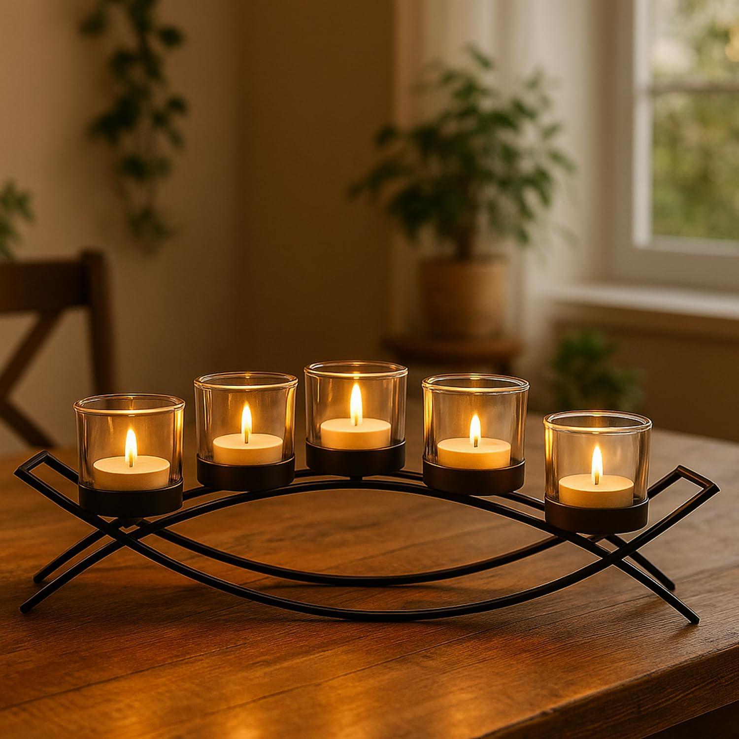 Seraphic Iron Arch Table Centerpiece Decorations Long Candle Holder for Weddings, Patio, Kitchen, Dining Room, and Coffee Tables, Black, Clear Chunky