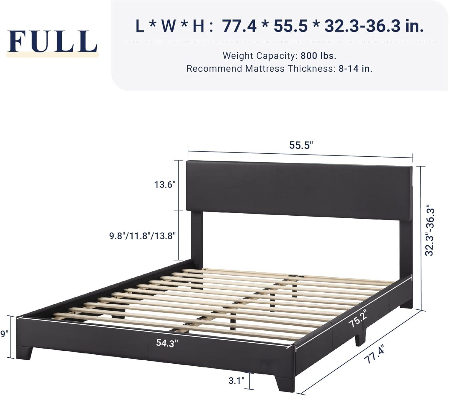 Killeryuki Full Size Bed Frame with Adjustable Headboard, Faux Leather Platform Bed with Wood Slats, Heavy Duty Mattress Foundation, No Box Spring Needed, Noise-Killeryuki, Easy Assembly, Black