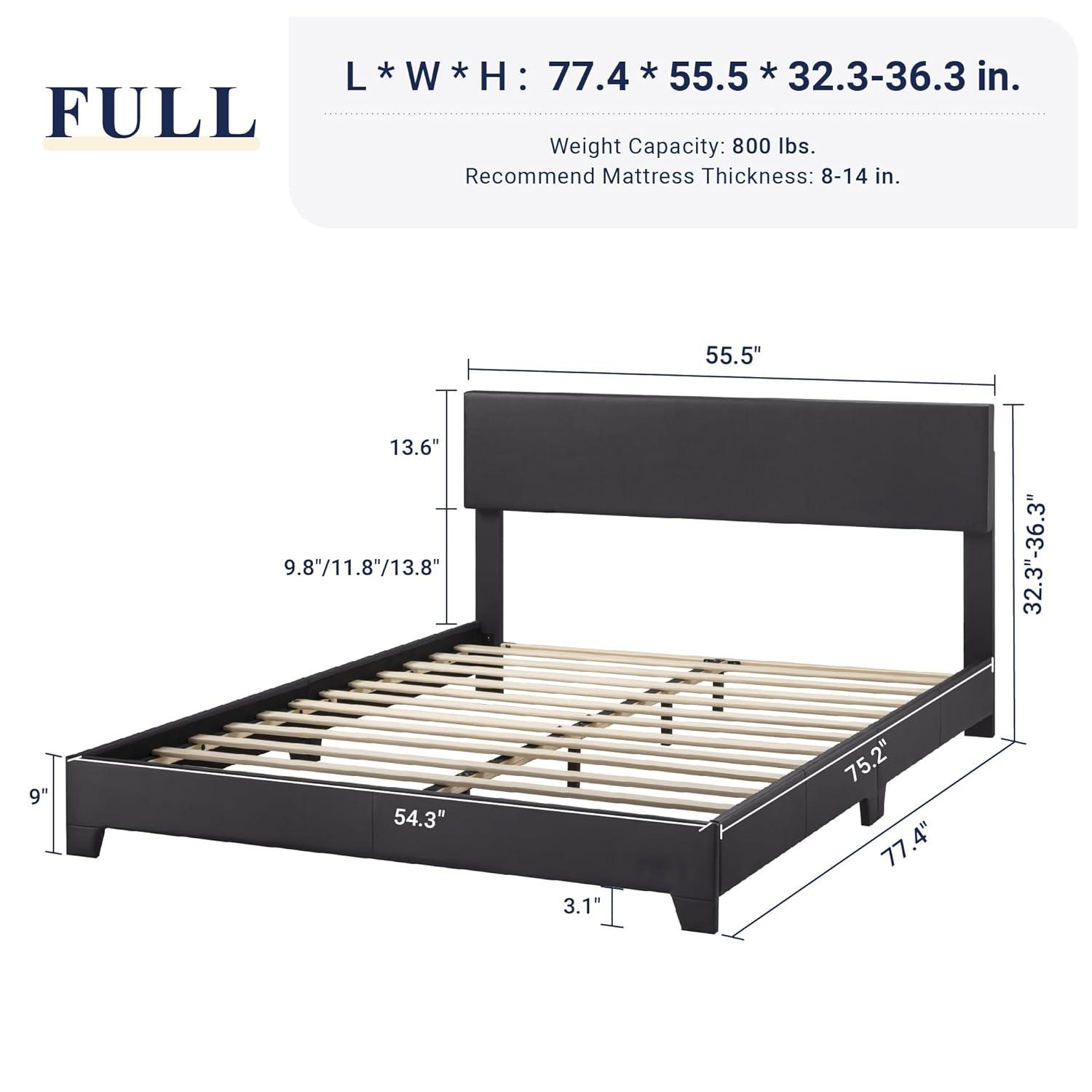 Killeryuki Full Size Bed Frame with Adjustable Headboard, Faux Leather Platform Bed with Wood Slats, Heavy Duty Mattress Foundation, No Box Spring Needed, Noise-Killeryuki, Easy Assembly, Black