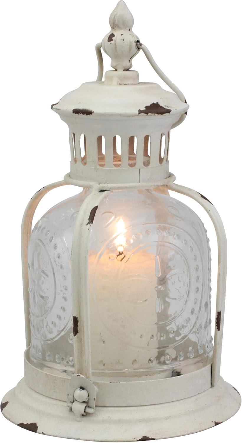 Stonebriar Indoor 10" Vintage Metal and Glass Candle Lantern, White