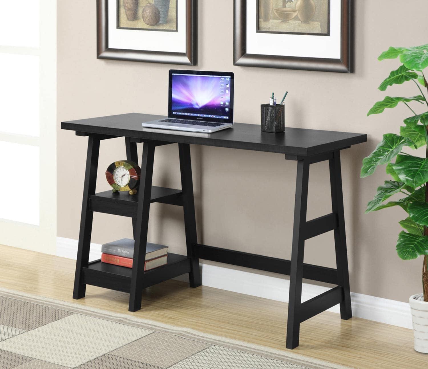 Convenience Concepts Designs2Go 29.25" Tall Trestle Desk with Shelves, Black