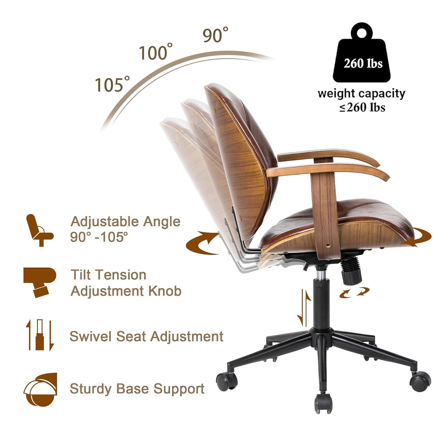 Glitzhome Leather Home Office Chair with Arm, Mid-Back Adjustable Executive Swivel Desk Task Chair,Beige