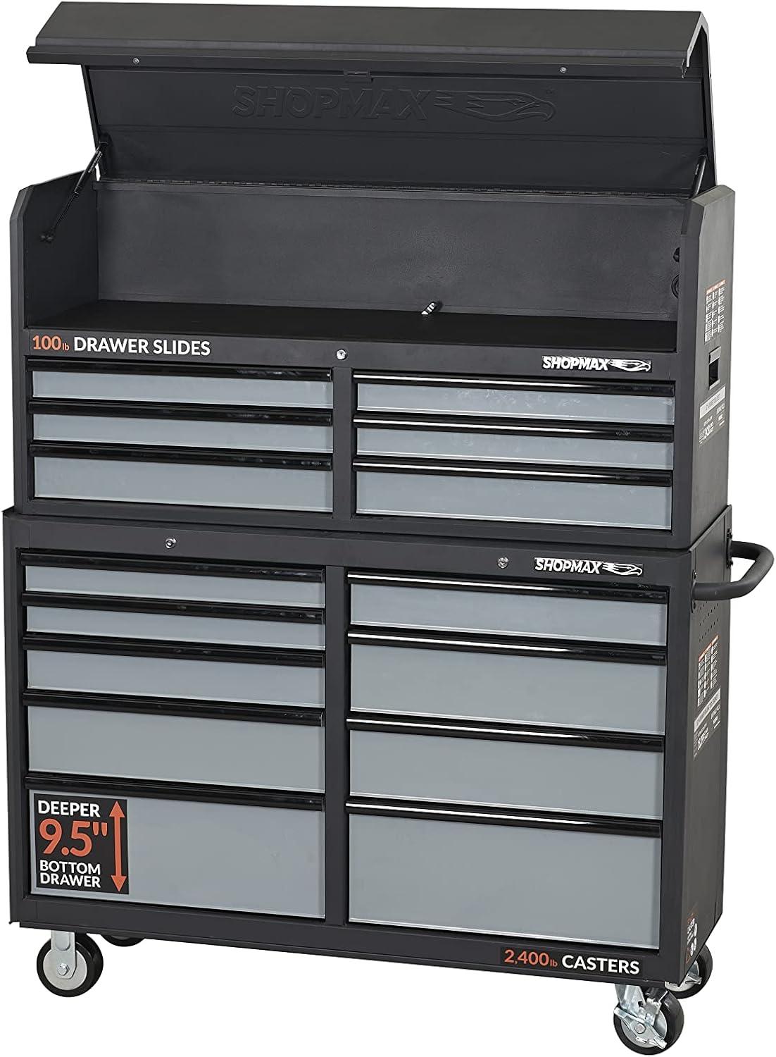 SHOPMAX, 100 lb, 52" Steel 15-Drawer Tool Chest and Rolling Cabinet Black