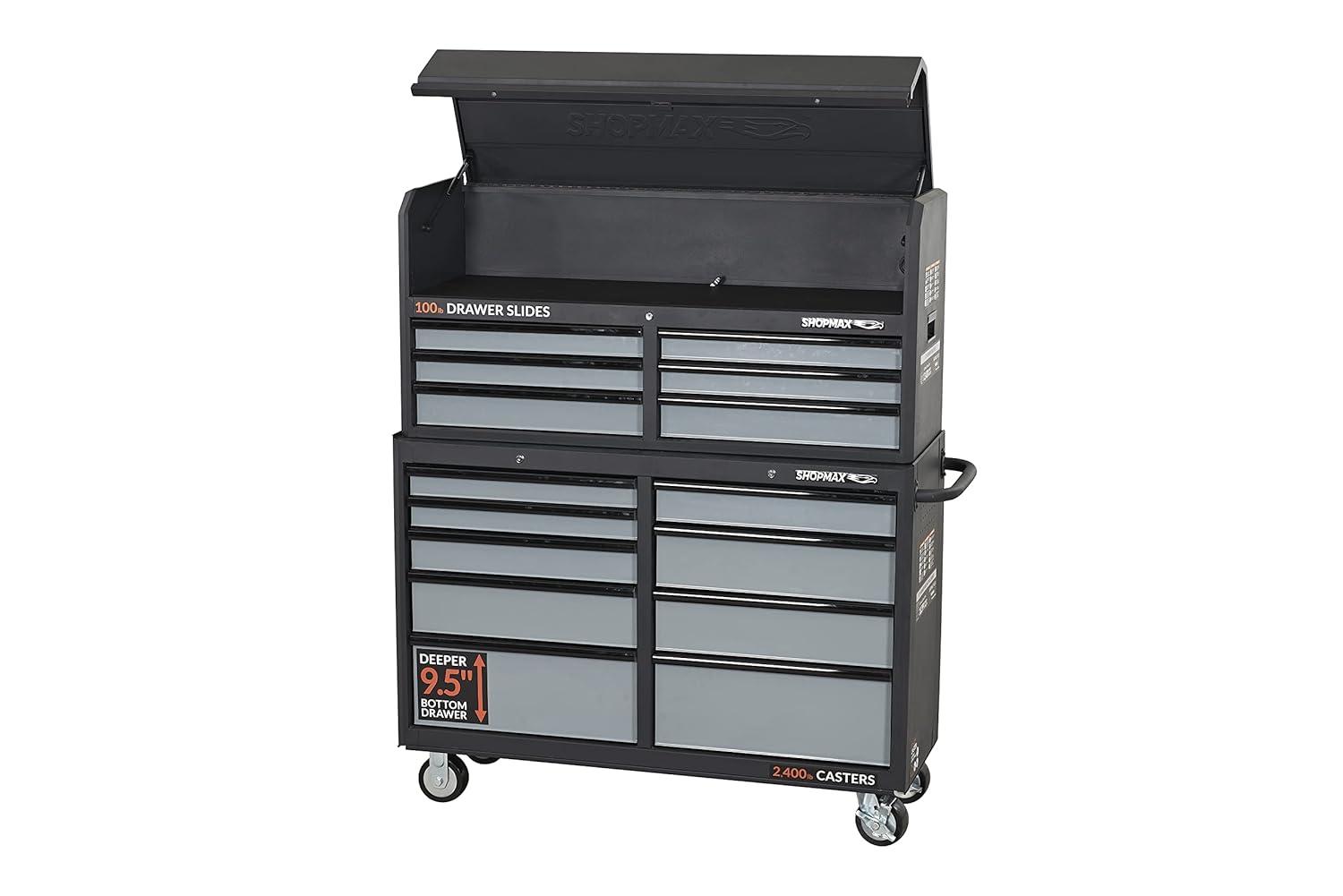 SHOPMAX, 100 lb, 52" Steel 15-Drawer Tool Chest and Rolling Cabinet Black