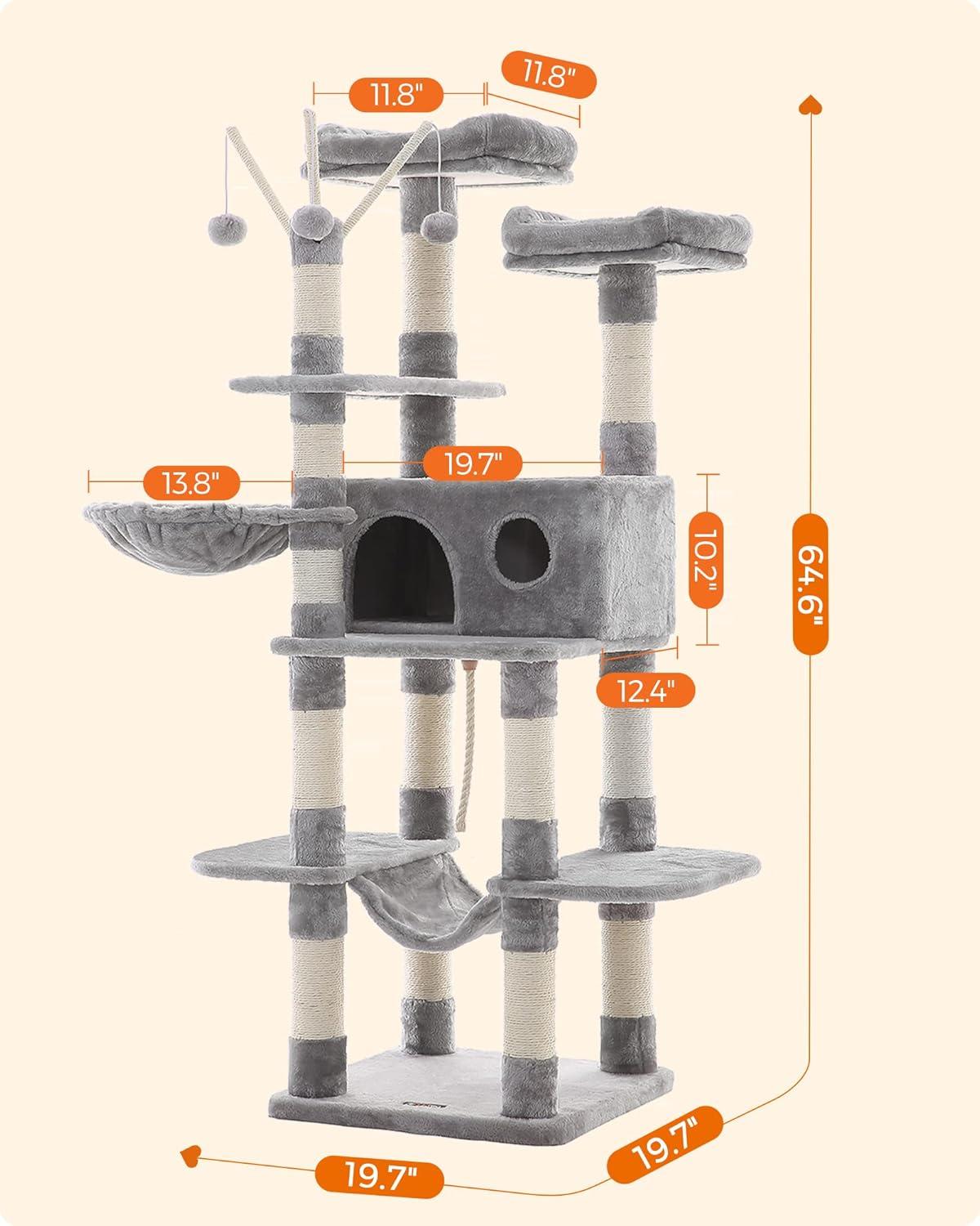 Light Gray 64.6" Cat Tree with Hammock and Sisal Posts