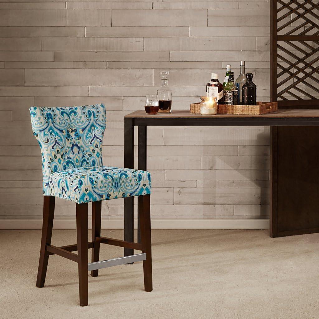 25" Saffron Tufted Back Counter Height Barstool Blue/Yellow: Espresso Wood Legs, Padded Seat