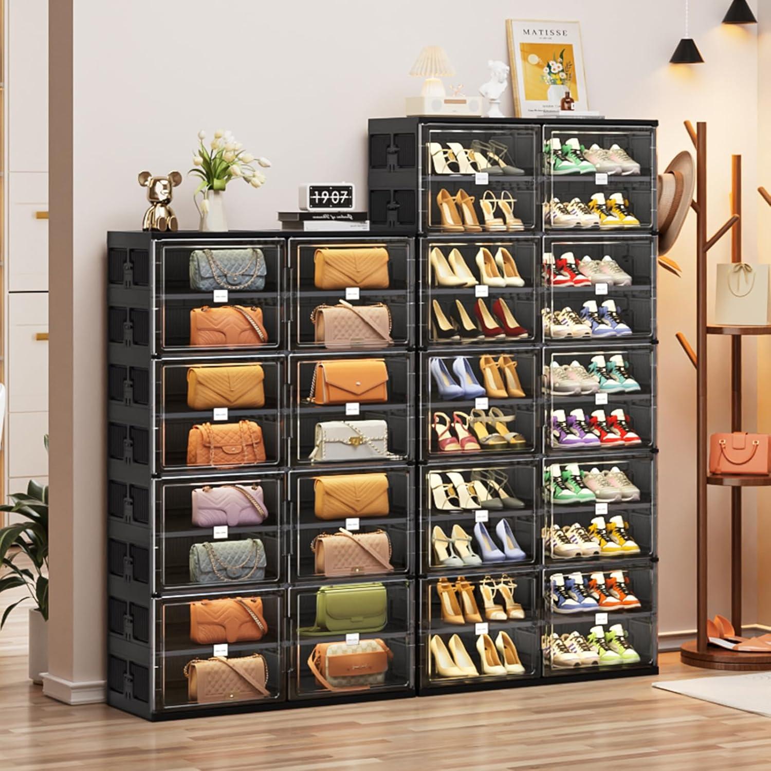 Rebrilliant 10 Tiers 40 Pairs Foldable Shoe Rack Organizer Fits Size 12, Large Shoe Cabinet With Magnetic Doors