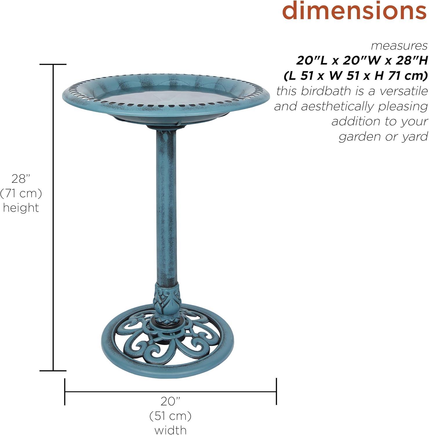 Blue Pedestal Birdbath with Scrollwork Base and Stakes