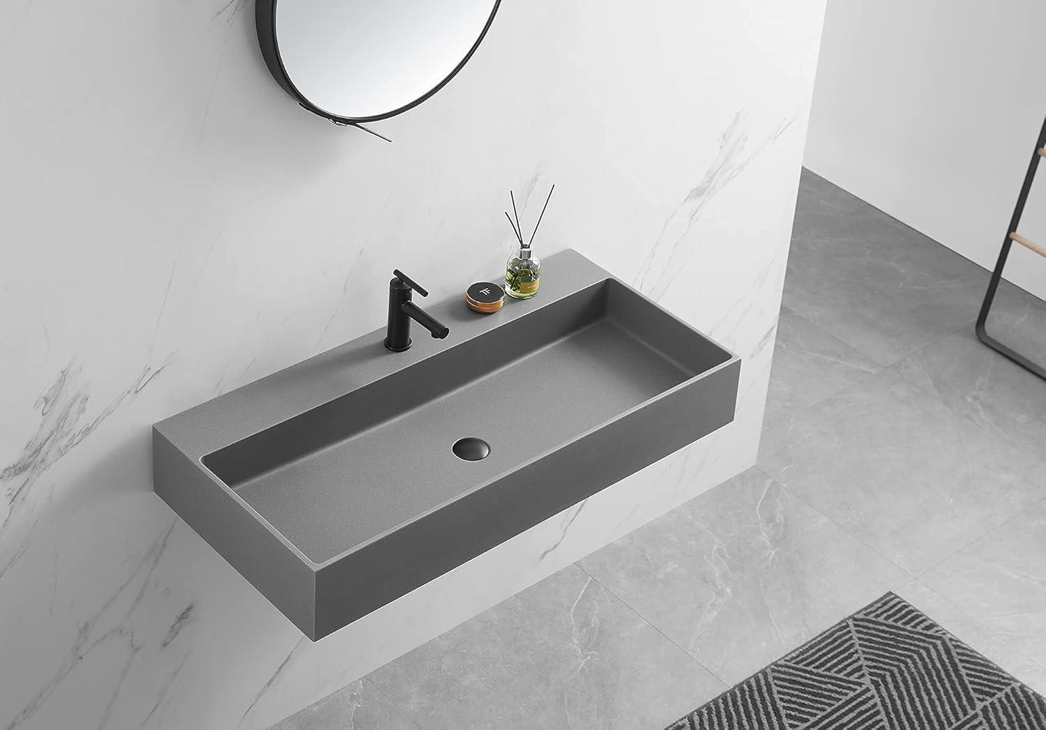 Matte Gray Granite Wall-Mount Rectangular Bathroom Sink