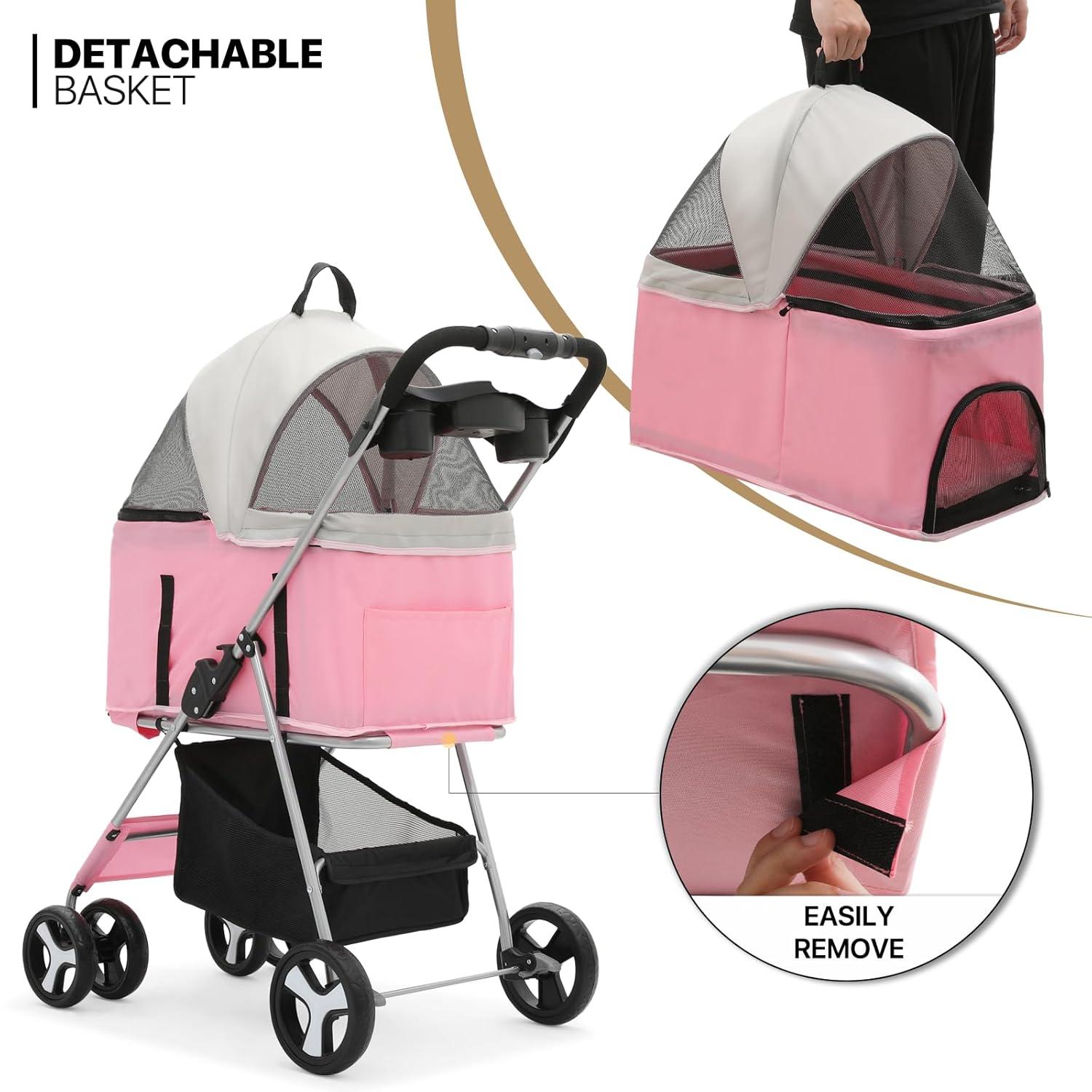 MoNiBloom 4 Wheel Lightweight Foldable Dog Pet Stroller, Pink