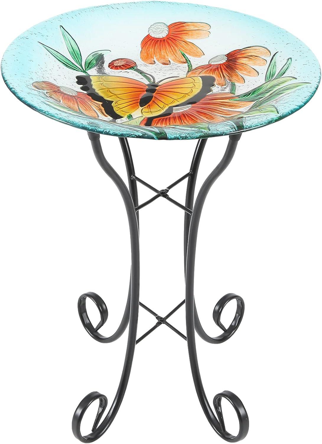 Butterfly and Flowers Glass Bird Bath with Metal Stand