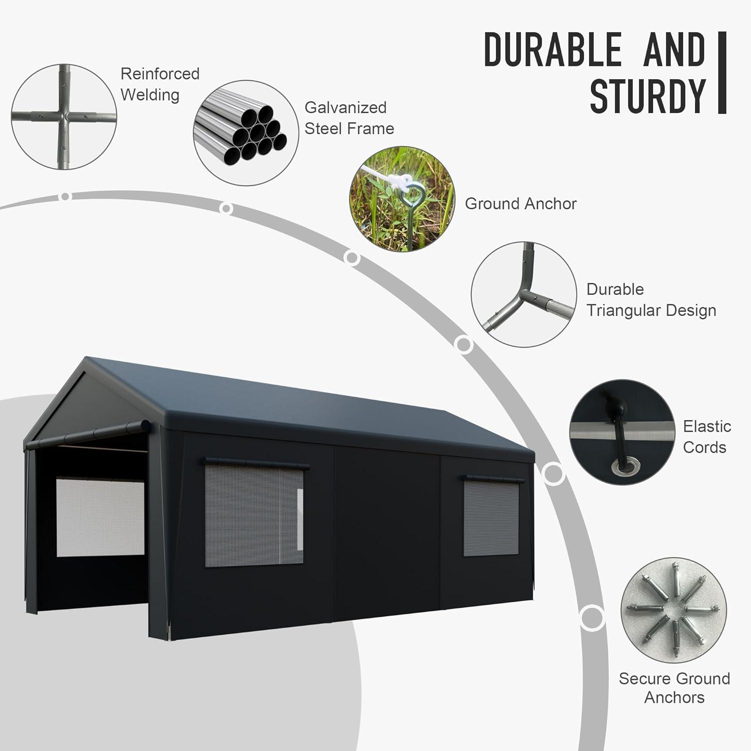 10x20ft Carport Portable Garage, Heavy Duty Carport Canopy with 2 Rolling Doors and 4 Ventilation Windows for Cars, Trucks, Boats, Garden Tools