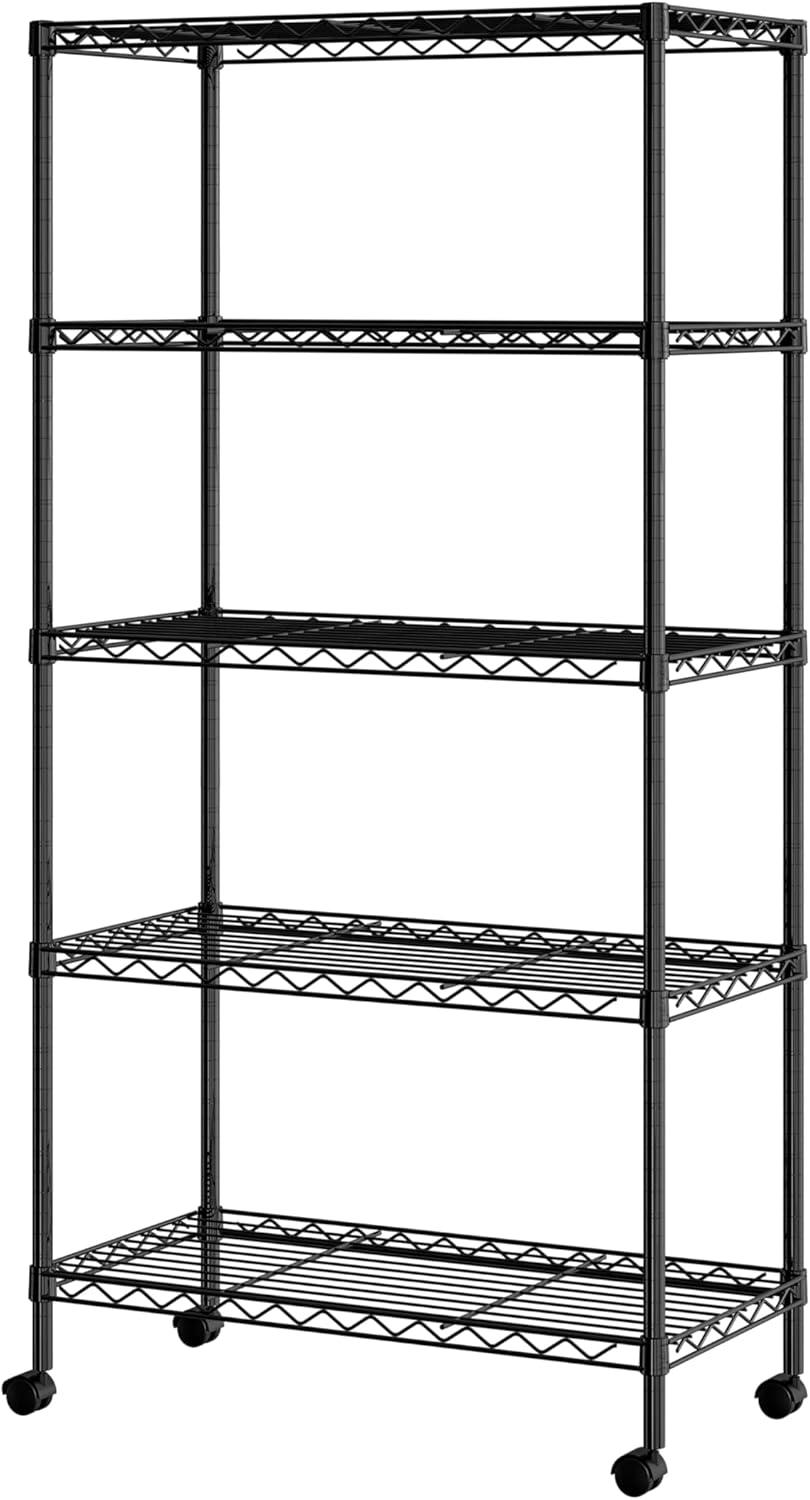 Seville Classics 5-Tier Steel Wire Shelving with Wheels, 30" W x 14" D x 60" H, Black