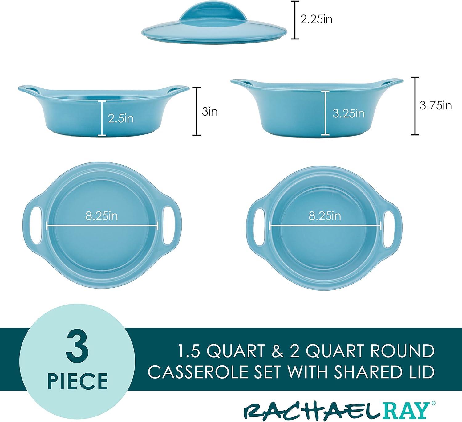 Agave Blue Ceramic Round Casserole Dish Set with Shared Lid