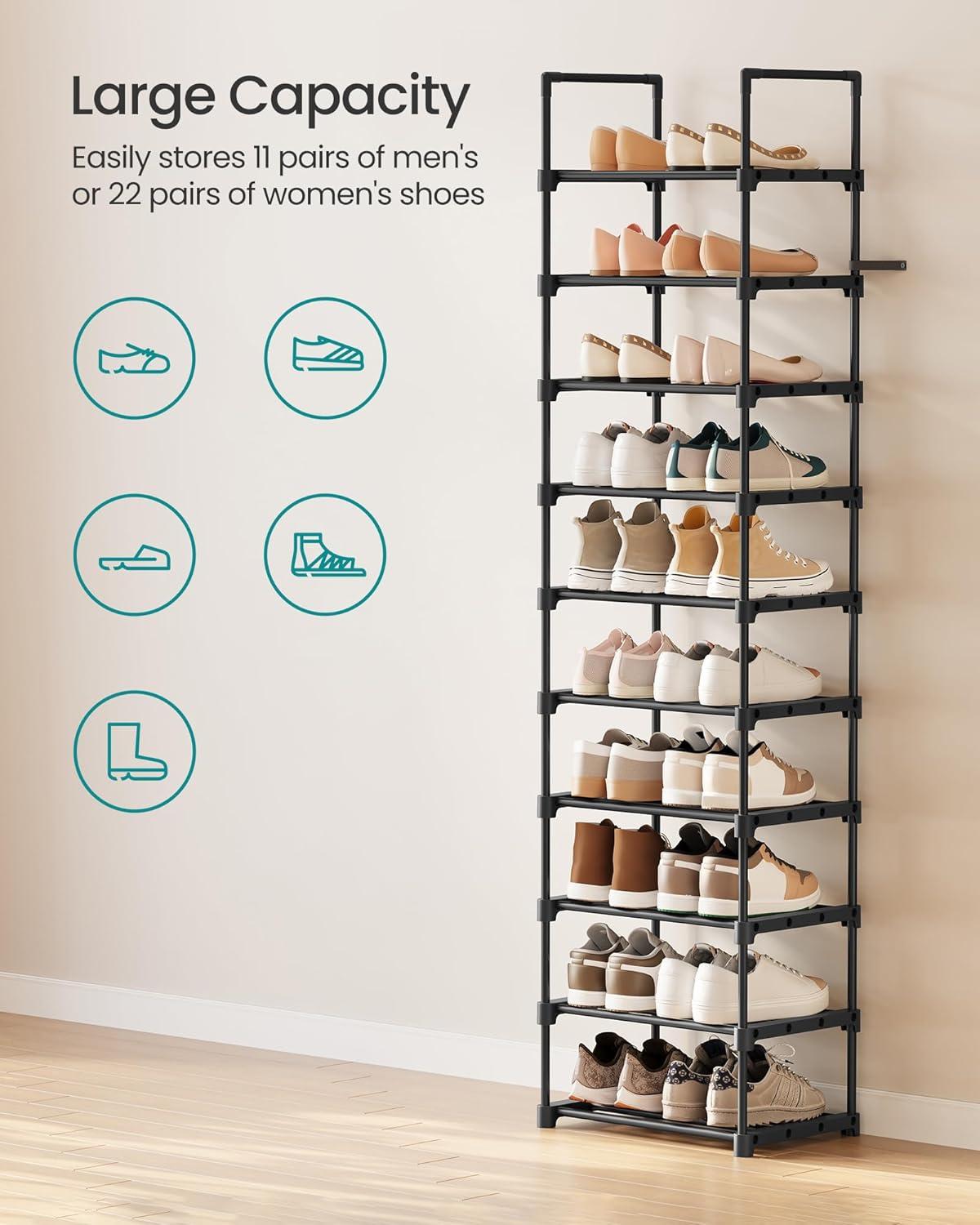 Shoe Rack, 10 Tier Shoe Organizer, Metal Shoe Storage Shelf for 20 Pairs of Shoes, Easy to Assemble, Entryway