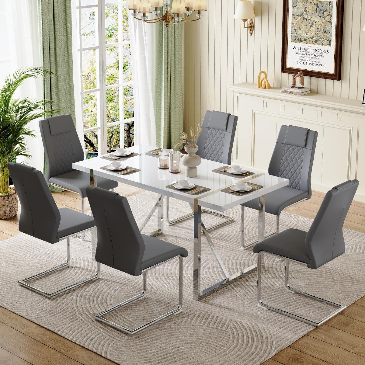 Grey Faux Leather Upholstered Side Chair with Metal Legs, Set of 6