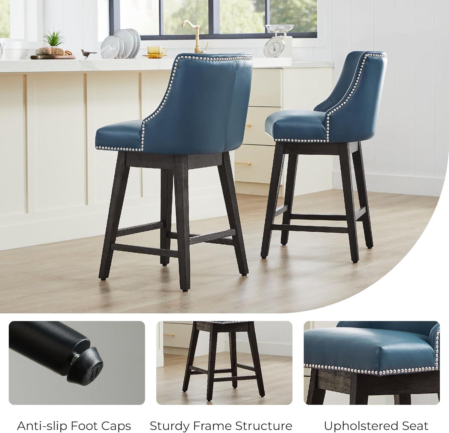 CHITA 26 in Upholstered Swivel Counter Bar Stools with Back&Wood Legs Set of 2, Faux Leather in Dark Blue