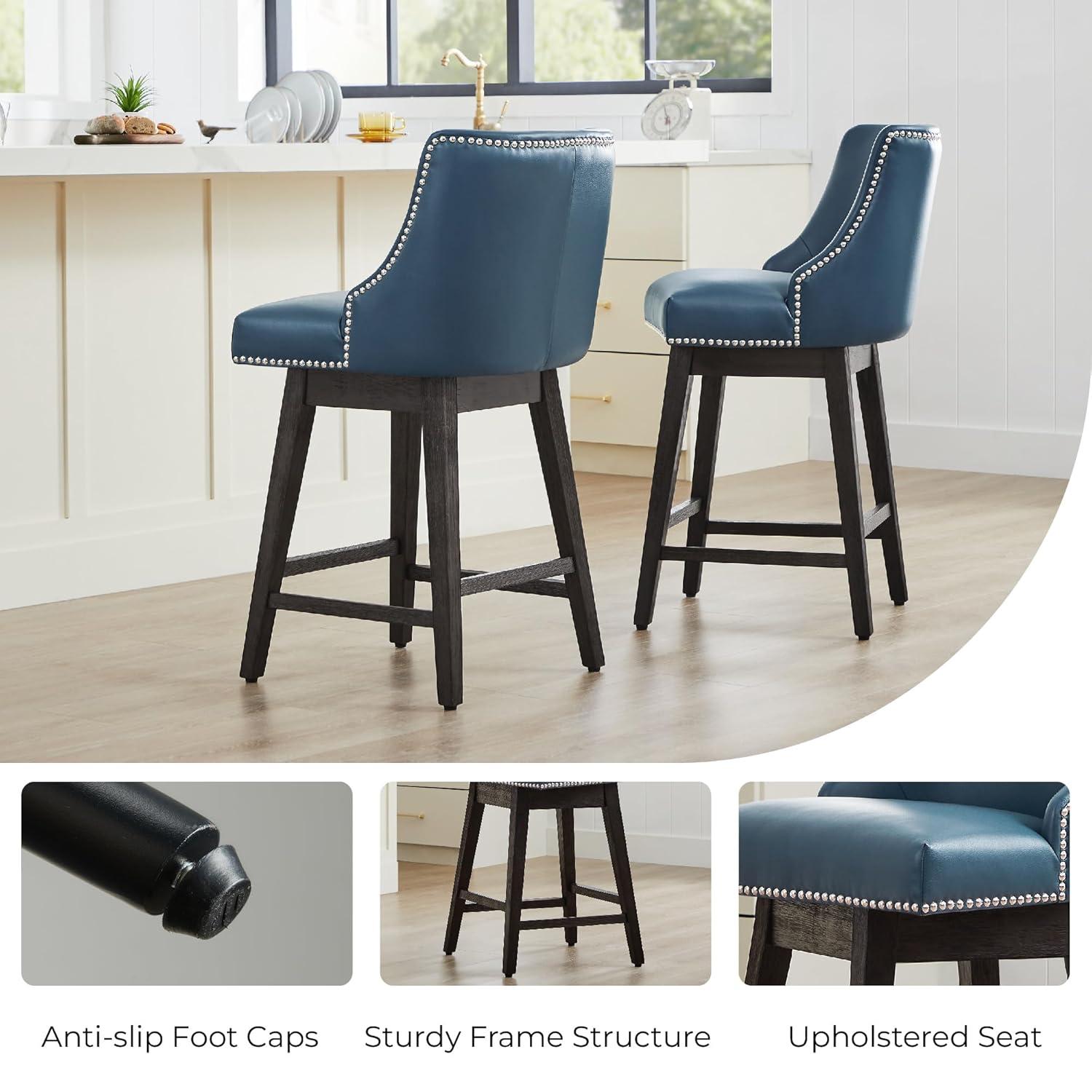 Swivel Bar Stools Set of 2 with Thicker Wood Legs,26" Counter Height Bar Stools,Faux Leather,Blue
