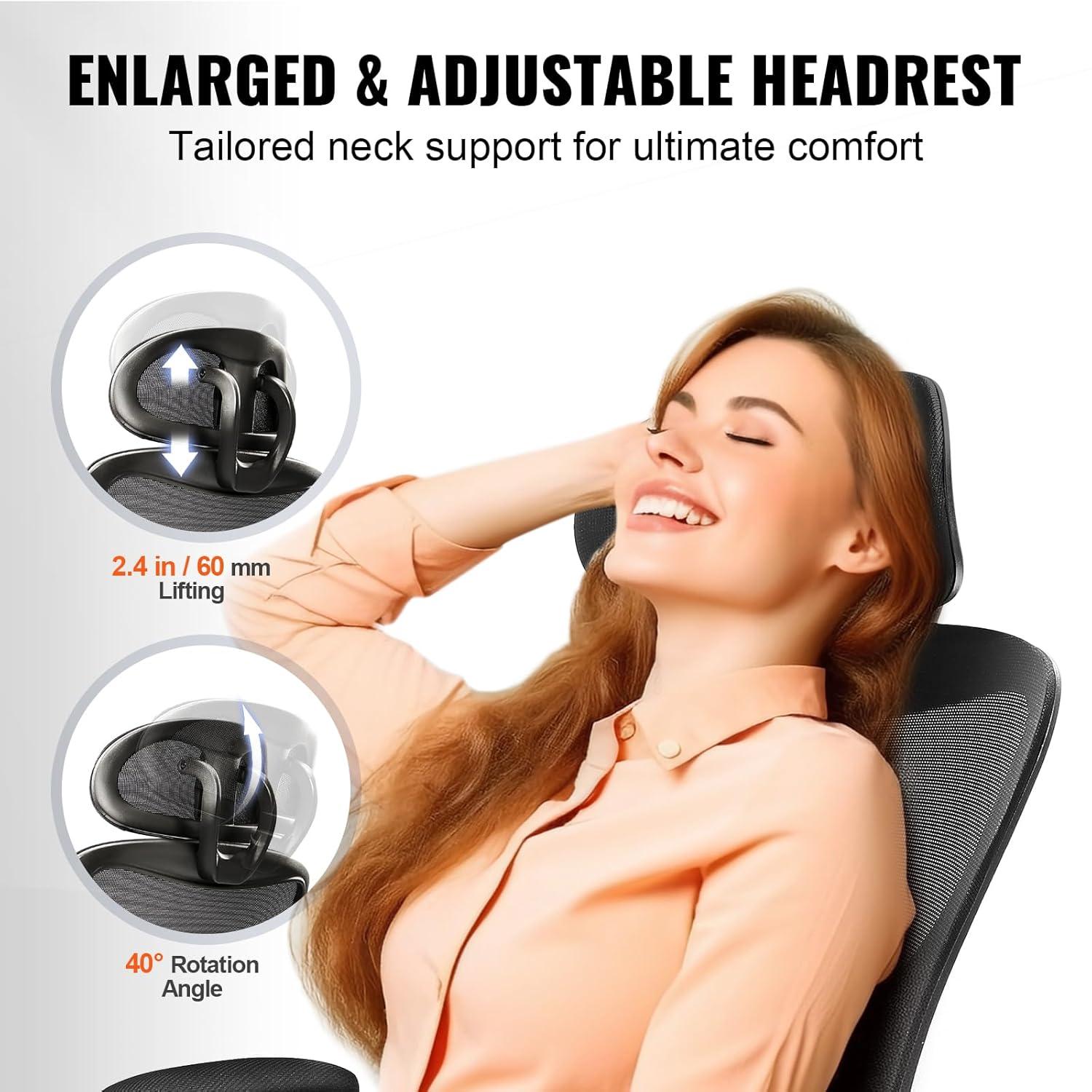 VEVOR Office Chair with Adjustable Lumbar Support, High Back Ergonomic Desk Chair with Adjustable Headrest, 2D Armrest, Ergonomic Office Chair Backrest, Computer Chair for Home Office