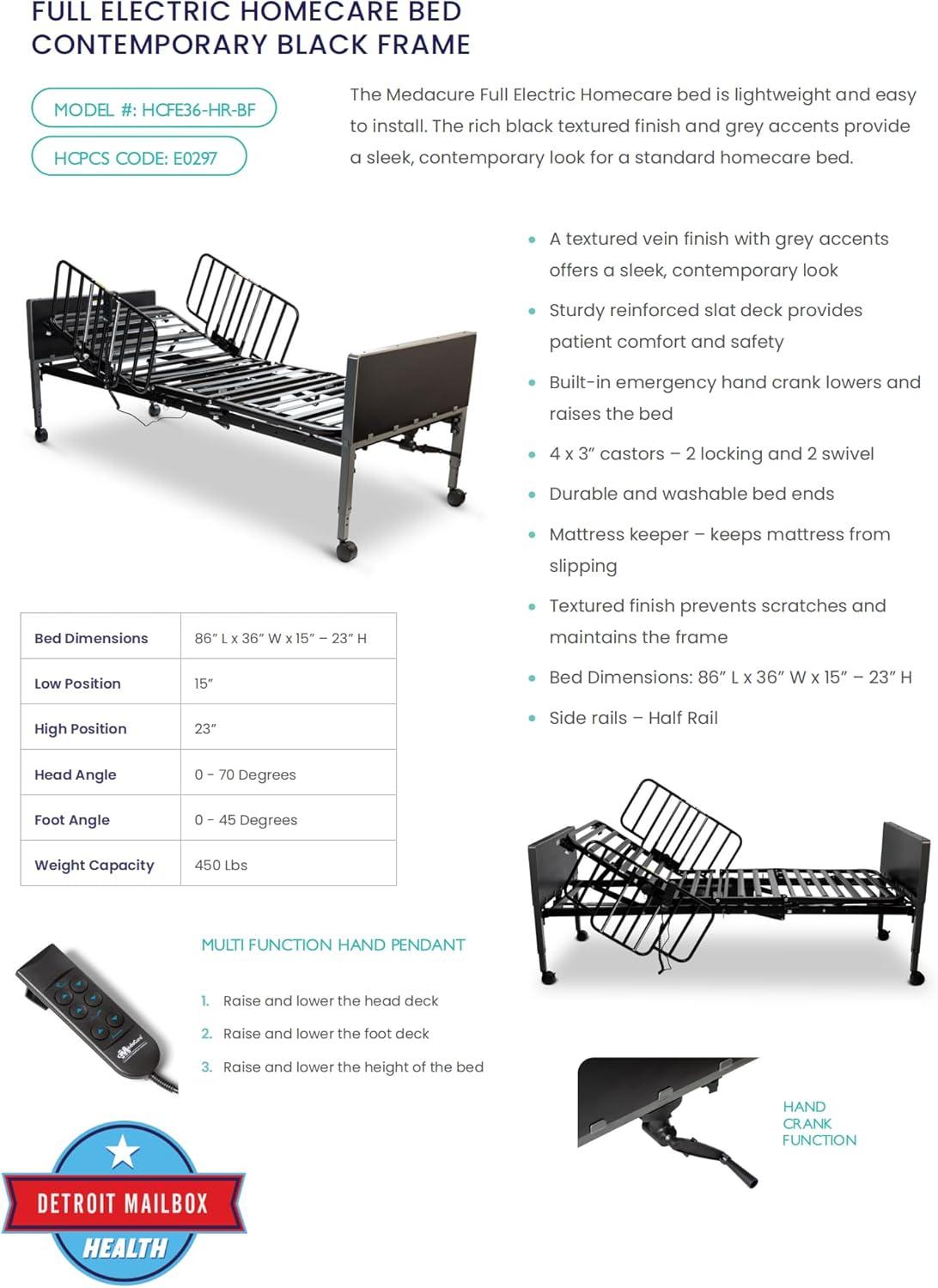 Medacure Hospital Homecare Bed with Mattress 3 Function Electric Homecare Bed, 15"-23" Height, 450 lb Capacity, Black/Grey with Primex Redistribution Mattress.