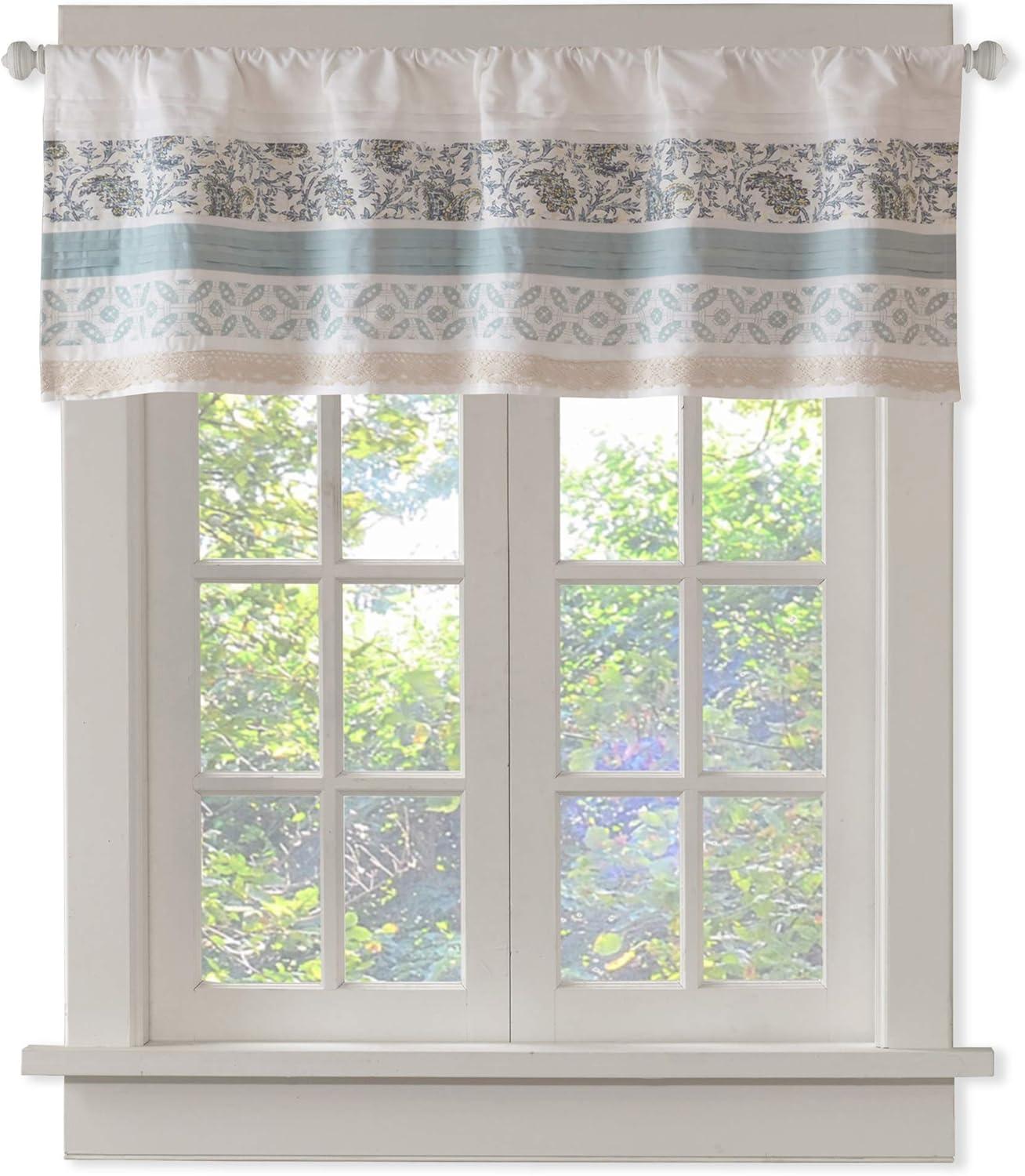 Paisley Aqua and White Cotton Rod Pocket Valance