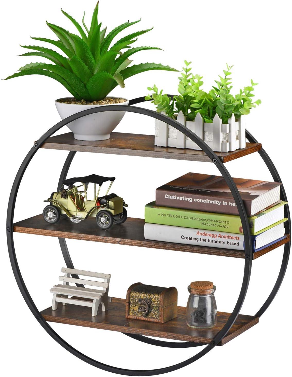 Rustic Brown Circular 3-Tier Wood and Metal Floating Shelf