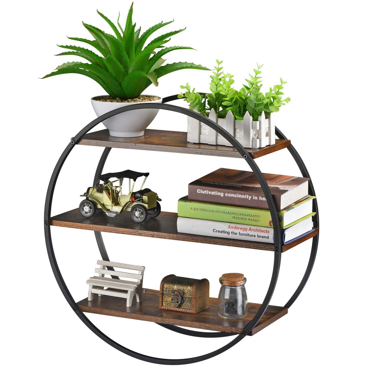 Floating Shelves, 3 Tier Decorative Geometric Circle Metal and Wood Wall Shelves, Bathroom Shelf Round Wall Decor, Rustic Brown