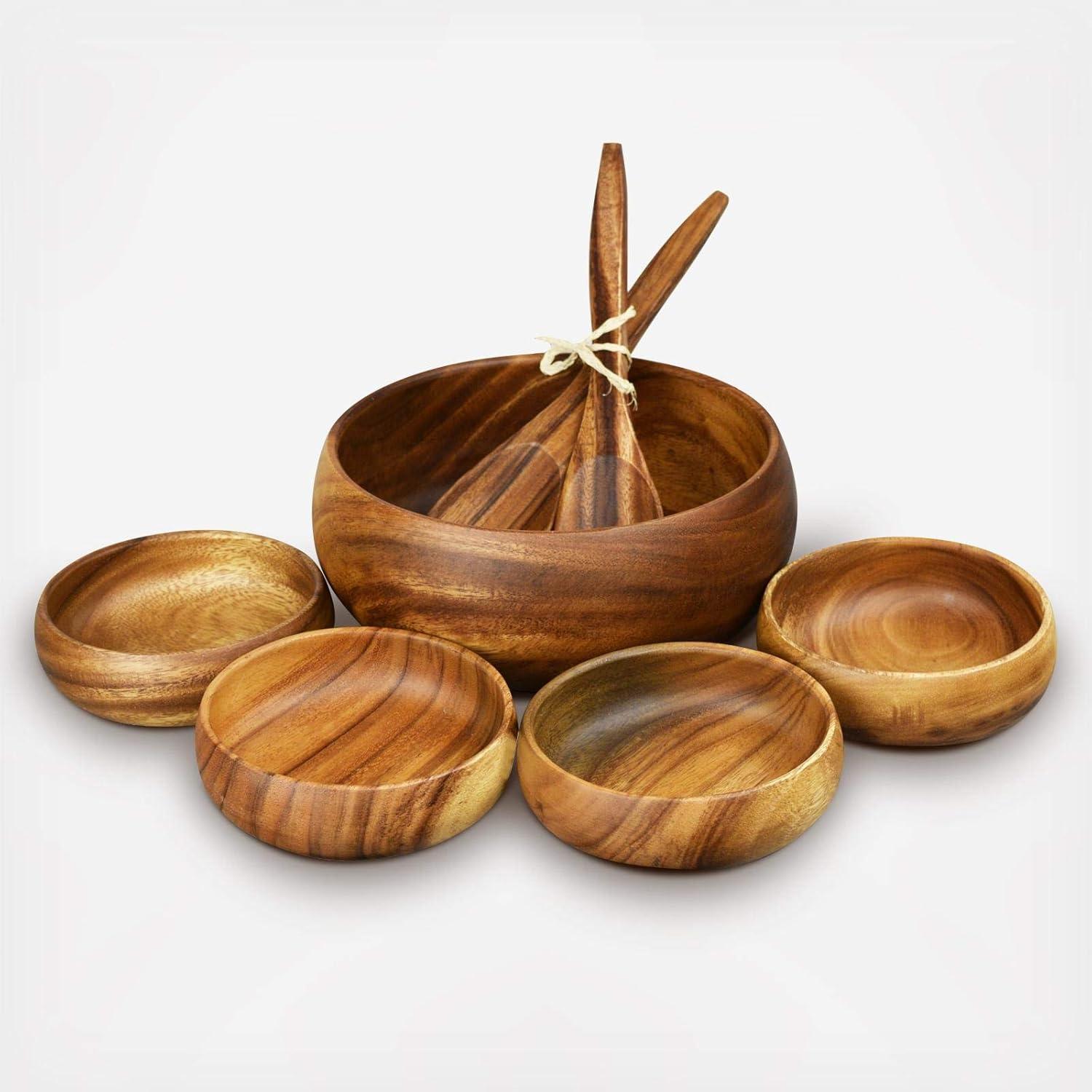 Rustic Acacia Wood 7-Piece Round Salad Bowl Set