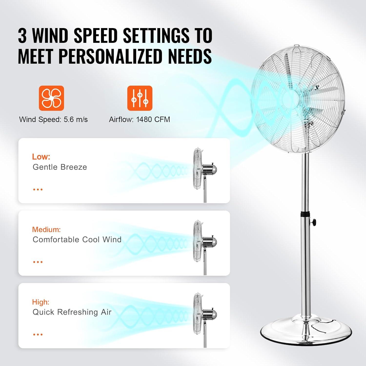 Vevor GYLSFS16INCH0LFIYV1 16 in. 3-Speed Industrial Pedestal Fan Oscillating Height Adjustable - Silver
