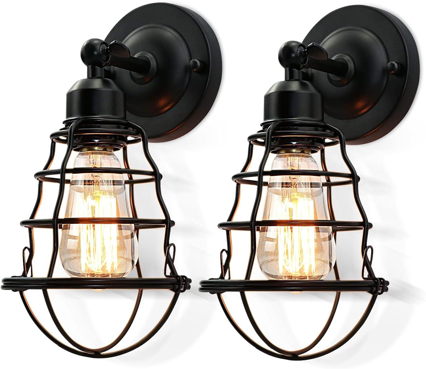 Black Industrial Wire Cage Plug-In Wall Sconces Set