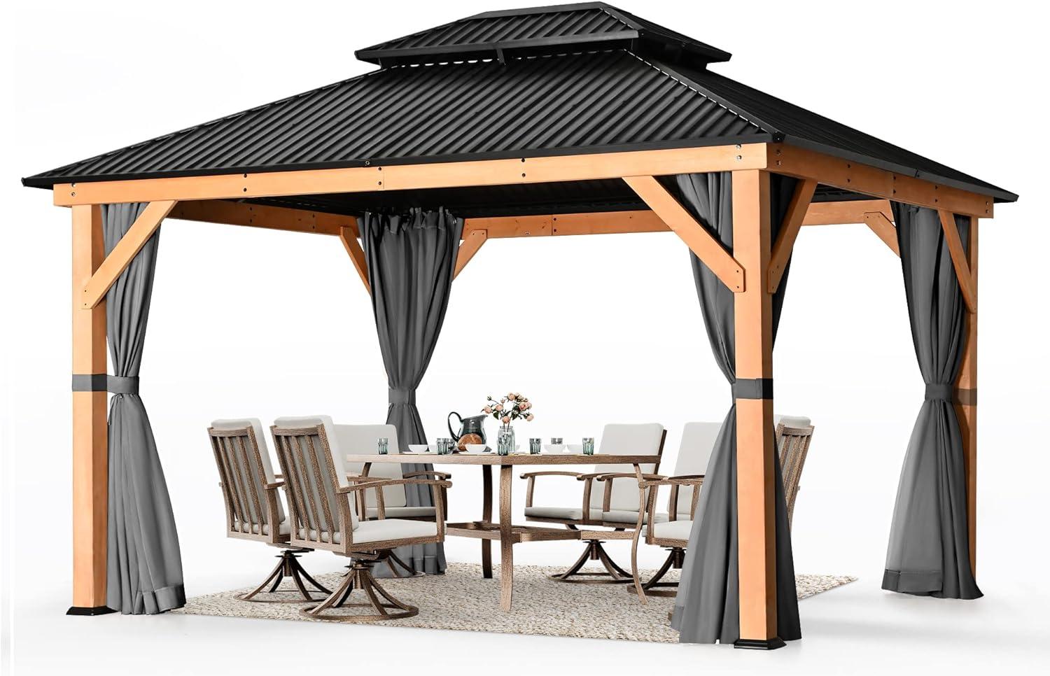 11' x 13' Wooden Patio Gazebo with Black Metal Roof and Gray Curtains