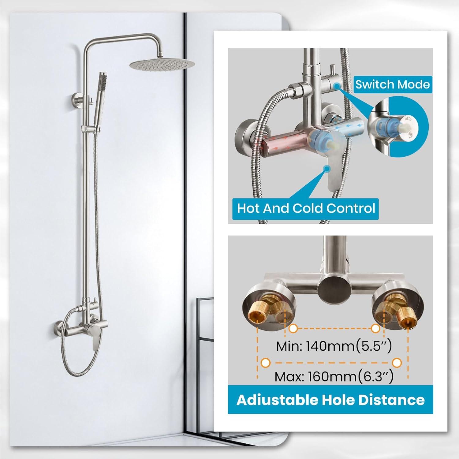 gotonovo SUS304 Outdoor Shower Fixture High Pressure Shower System Combo Wall Mount 2 Dual Function Shower Faucet Set Round Handheld Spray Brushed Nickel Single Handle