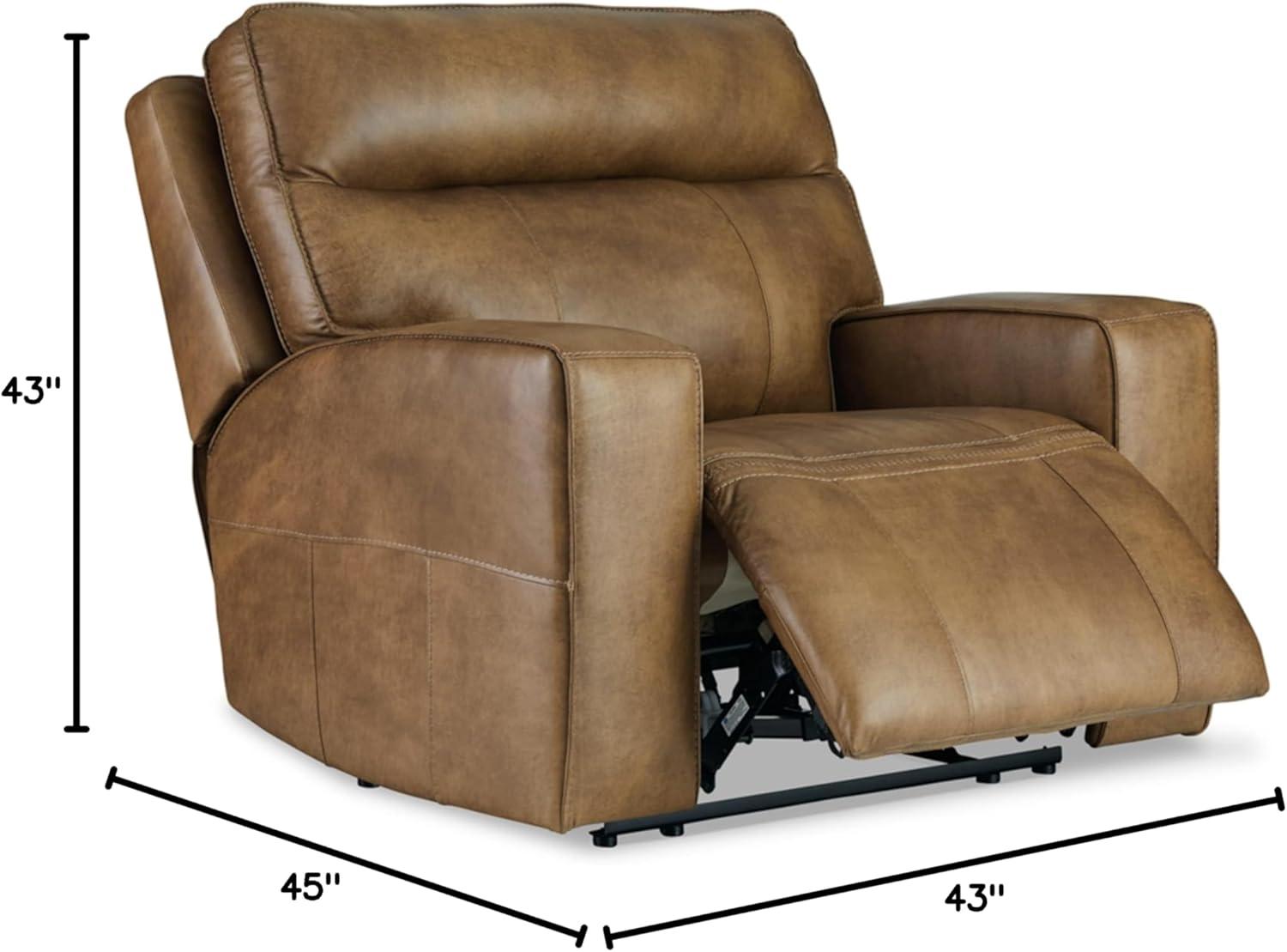 Ashley Furniture Game Plan Wide Seat Leather Power Recliner in Caramel