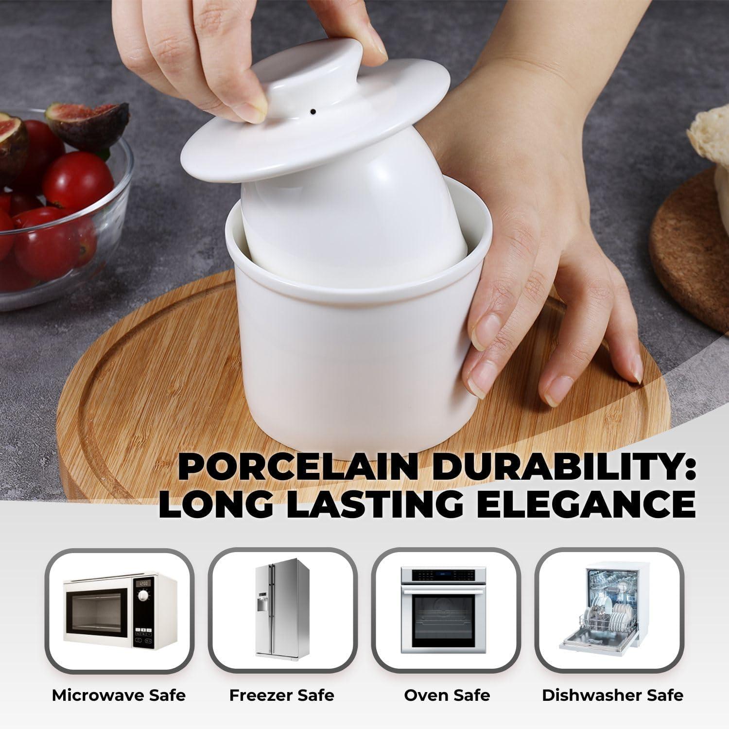 Flexzion Porcelain Butter Crock Butter Keeper, French Butter Dish Bell with Lid, Tabletop Spreadable Soft and Fresh Water Sealed Butter Holder Cafe Retro Collection Farmhouse Decor (White)