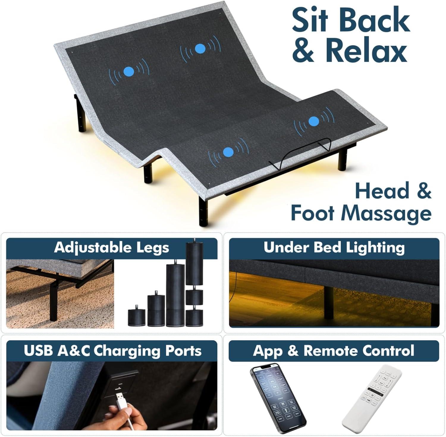 Renanim Serenityflex Adjustable Base & Hybrid Mattress – Split King-Size Adjustable Base with 12 in. Cooling Gel Mattress, Massage, USB Ports, Remote & Under-Bed Light – Reclining Electric Bed Frame