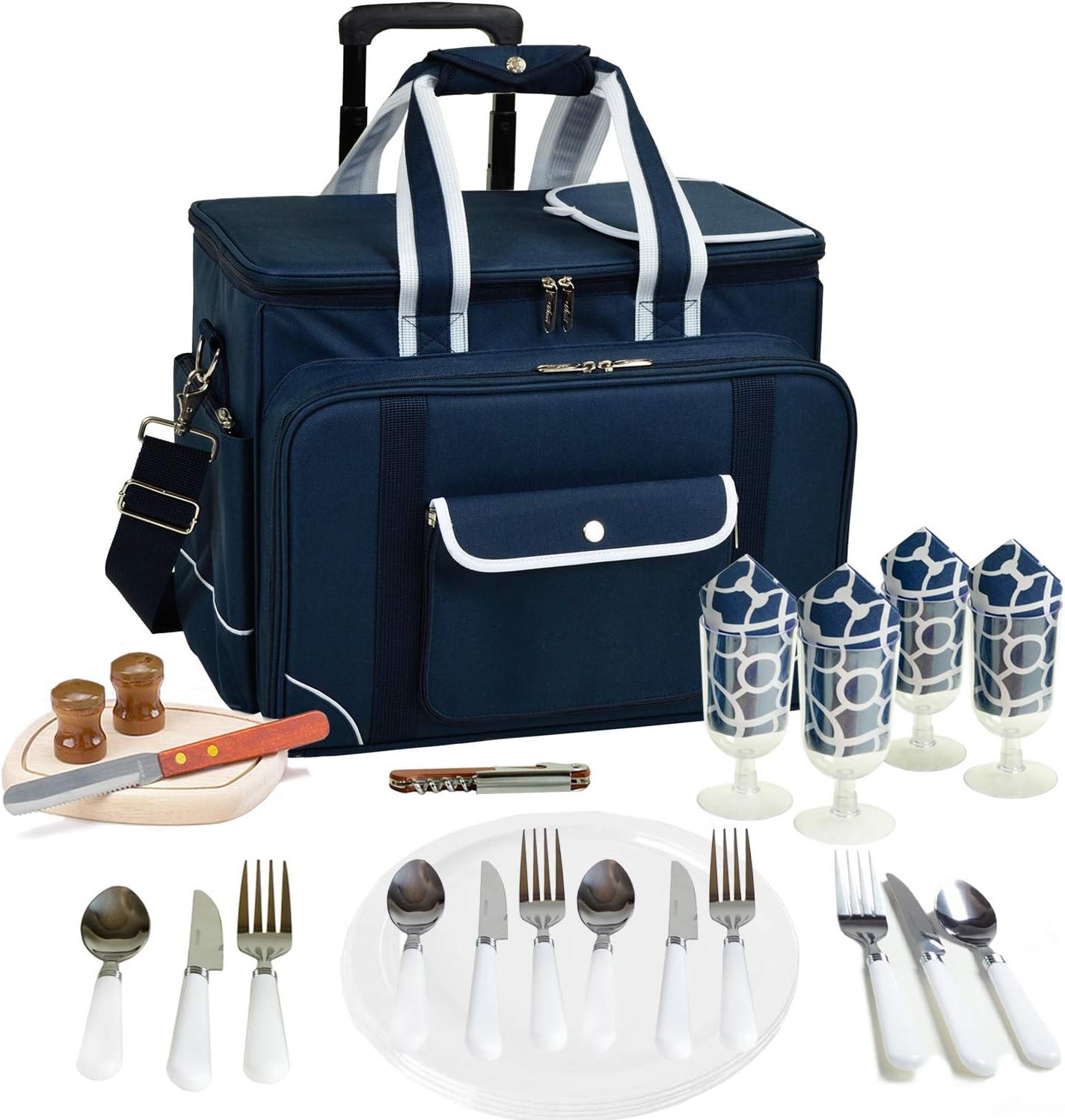 Blue Insulated Picnic Cooler Bag with Wheels and Service for Four