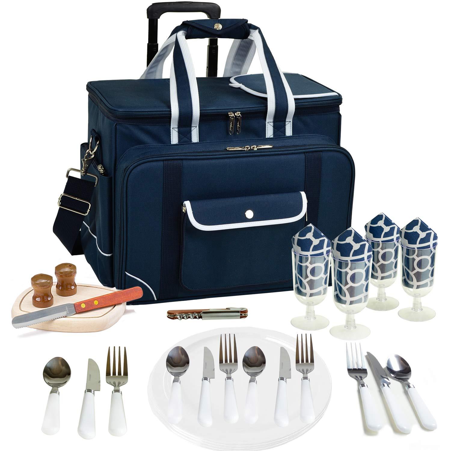 Picnic at Ascot Picnic At Ascot Soft Sided Rolling Cooler With Four Person Picnic Set