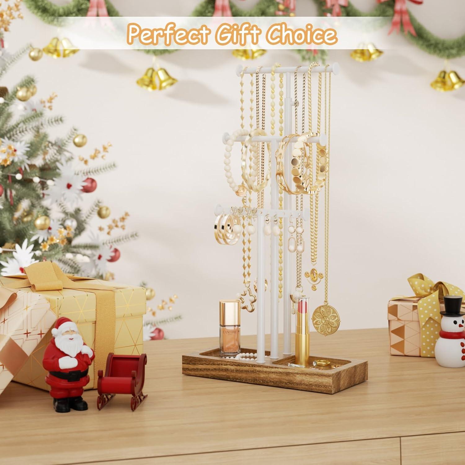 Jewelry Tree Stand White Metal and Wood Base Large Storage Jewelry Organizer for Necklaces Bracelets Earrings Holder Organizer Jewelry Display Mother's Day Gift White and White