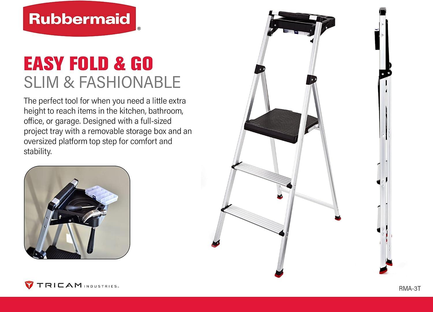 Rubbermaid RMA-3T 3-Step Lightweight Aluminum Step Stool, 225 lb. Capacity