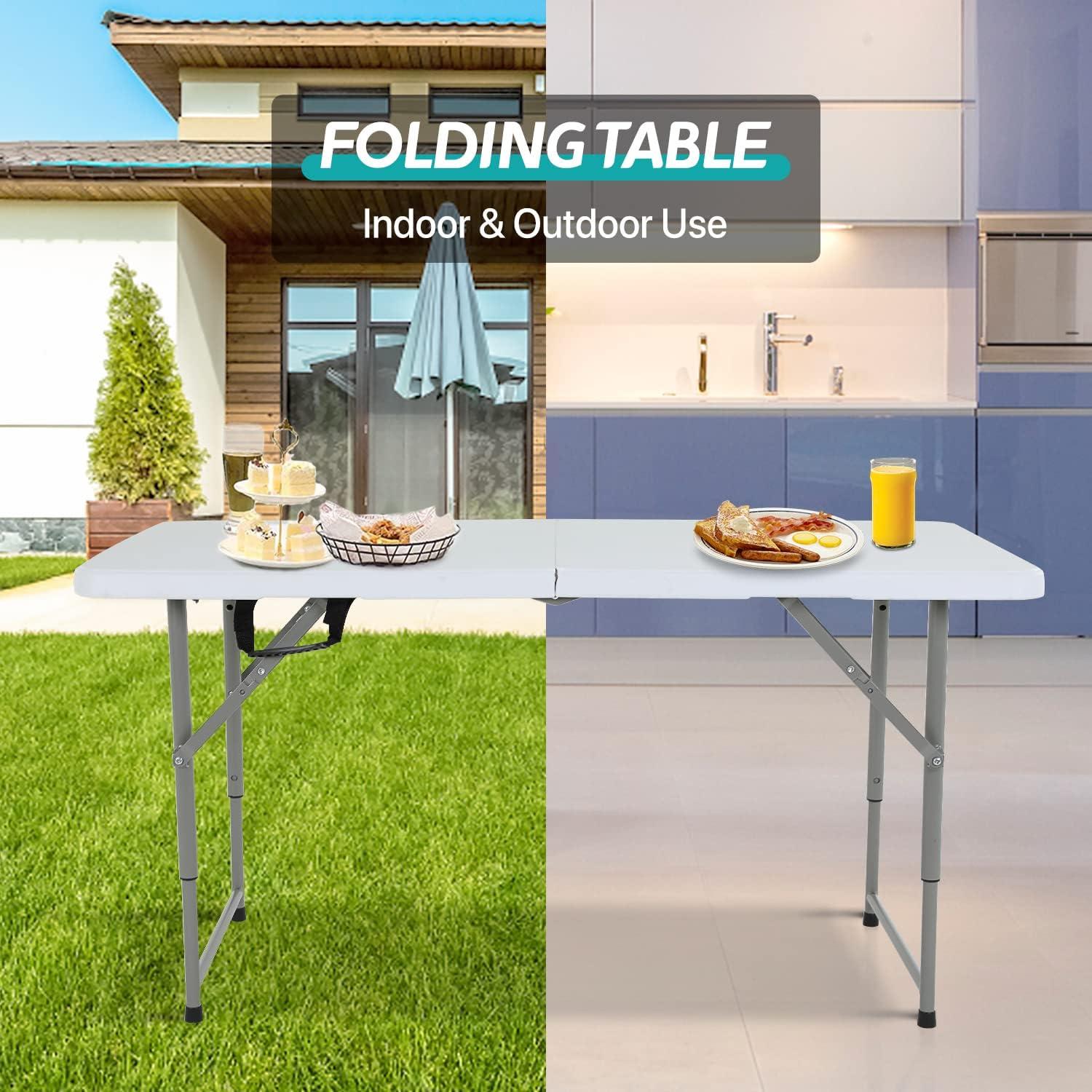 CL.HPAHKL 4 ft Folding Table with 3 Adjustable Height, Small Plastic Foldable Table with Carrying Handle, Portable Camping Table Fold in Half for Indoor Outdoor Camping, Picnic and Party, White