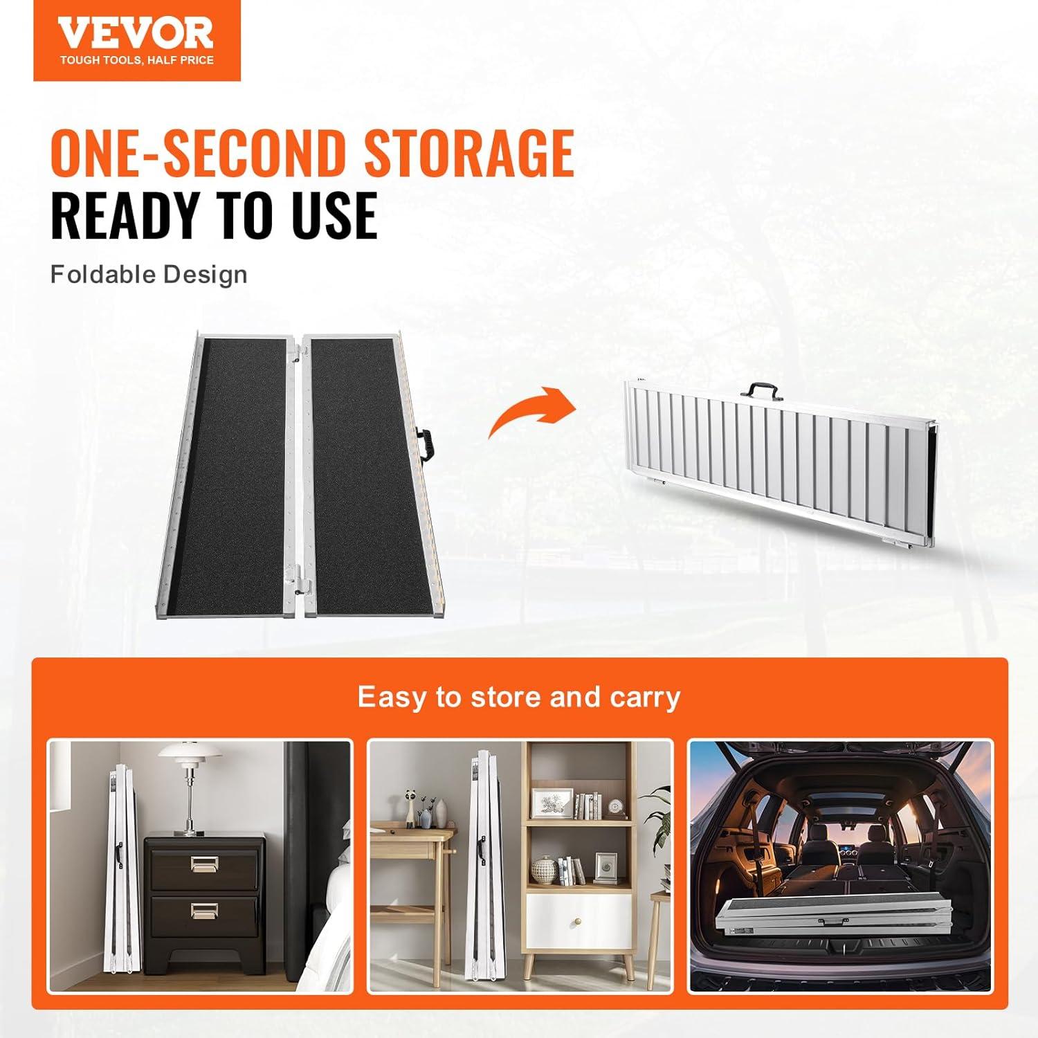VEVOR Portable Wheelchair Ramp - 6 ft, 800 lbs Capacity, Non-Slip Aluminum, Folding Threshold Design, Suitable for Mobility Scooters, Home Steps, Stairs, Doorways, Curbs
