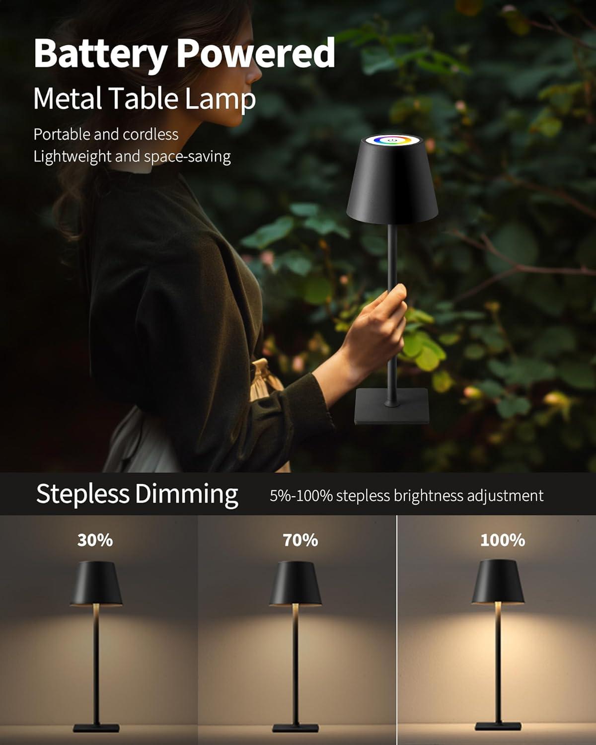 KDG 2 Pack Cordless Table Lamp,Portable LED Desk Lamp, 5000mAh Battery Operated, 3 Color Stepless Dimming Up, for Restaurant/Bedroom/Bars/Outdoor Party/Camping/Coffee Shop Night Light(Black)